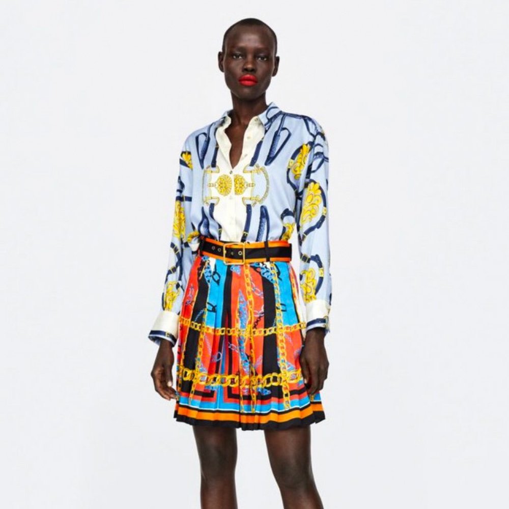 Zara Chain Printed Pleat Skirt with Belt